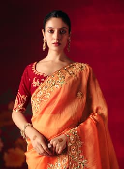 Peach Orange Designer Embroidered Saree