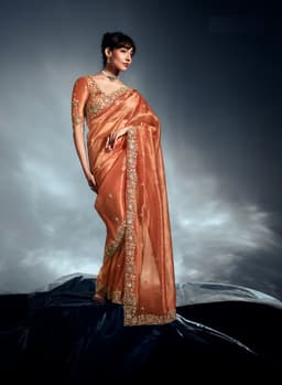 Luxury Peach Bridal Reception Saree in Tissue Organza