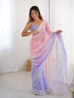 Pastel Pink Lavender Ombre Crunchy Silk Saree With Embroidery