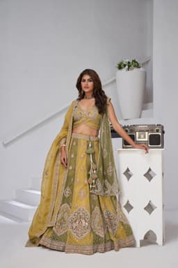 Mustard Yellow Georgette Tissue Double Dupatta Lehenga