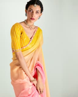 Yellow Pink Organza Saree for Festive Wear
