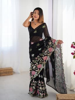 Black Georgette Saree with Multicolor Floral Sequin Embroidery