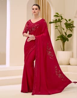 Luxury Red Satin Embroidered Chiffon Saree for Wedding