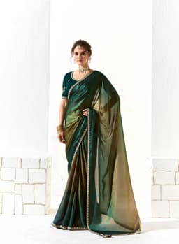 Emerald Green Organza Tissue Party Wear Designer Saree