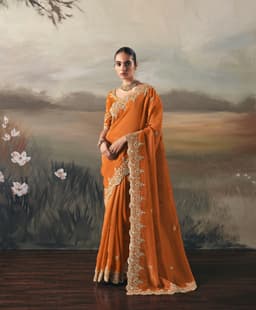 Burnt Orange Tissue Zari Embroidered Bridal Saree