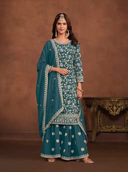 Teal Blue Georgette Palazzo Suit