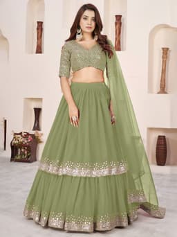 Olive Green Georgette Sequins Lehenga