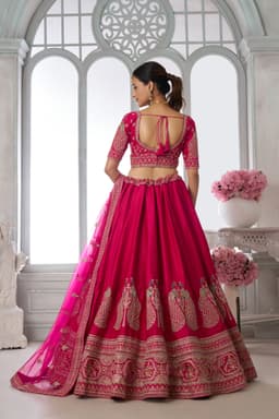 Rani Pink Silk Peacock Embroidered Bridal Wedding Lehenga