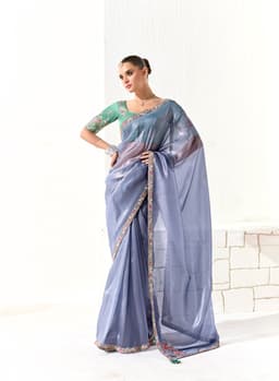 Steel Blue Organza Tissue Party Wear Saree