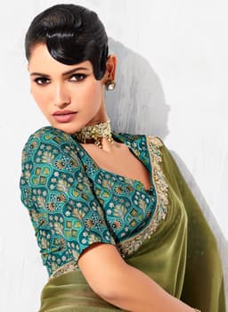 Olive Green Designer Organza Saree for Wedding & Festive Wear