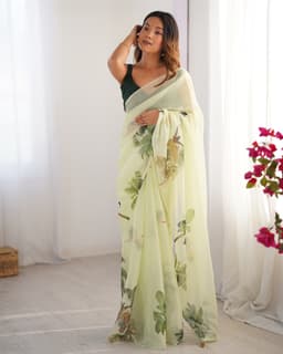 Lime Green Tropical Designer Print Organza Saree with Art Silk Blouse