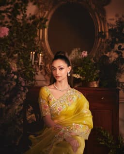 Mustard Yellow Organza Saree with Floral Border