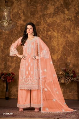 Peach Designer Embroidered Palazzo Suit