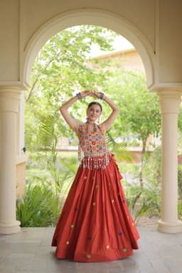 Rust Heart Embroidery Lehenga for Garba & Navratri