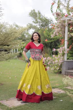 Yellow Lehenga with Lotus Gota Gamthi V-Neck Top