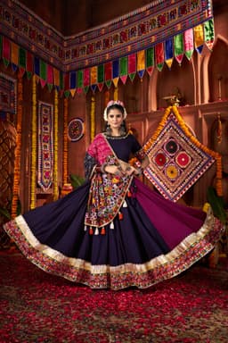 Navy Blue Pink Viscose Cotton Navratri Lehenga Kutchi Work
