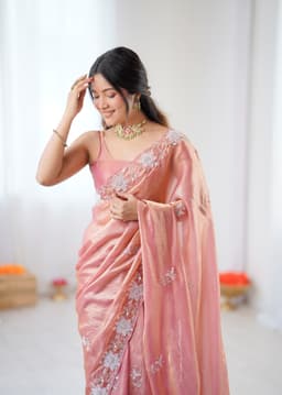 Peach Festive Wear Fendy Satin Saree