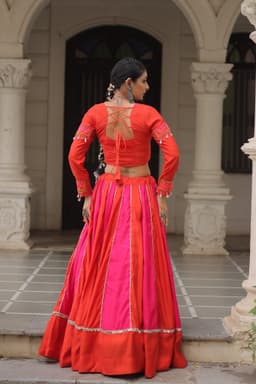 Coral Pink Gamthi Lehenga with Mirror Lace for Garba