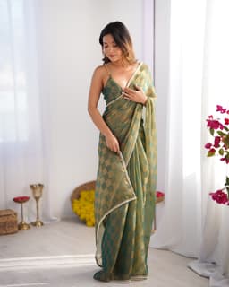 Olive Green Checkered Chiffon Saree
