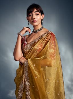 Golden Mustard Tissue Organza Saree for Wedding Wear