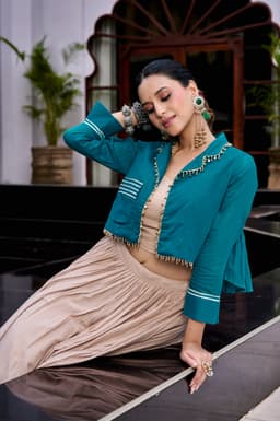 Beige Cotton Lehenga with Teal Gamthi Top for Navratri