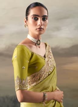 Lime Green Tissue Zari Floral Embroidered Saree