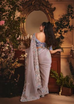 Lilac Grey Tissue Saree with Pastel Embroidery