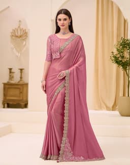 Dusty Rose Satin Silk Jacket Work Wedding Saree
