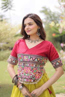 Yellow Lehenga with Lotus Gota Gamthi V-Neck Top