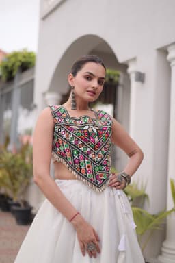 Ivory Lehenga with Multicolor Gamthi Blouse & Coconut Gota