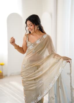 Beige Party Wear Fendy Satin Saree