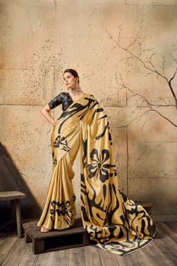 Golden Beige Modal Satin Ajrakh Print Saree for Women