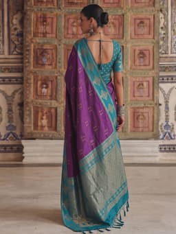 Purple Soft Silk Saree with Teal Woven Border