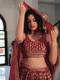 Maroon Georgette Thread Sequins Bridal Wedding Lehenga