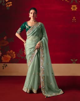 Mint Green Designer Embroidered Saree