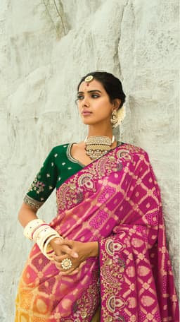 Rani Yellow Pink Georgette Bridal Saree