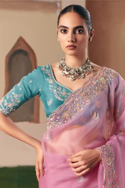 Blush Pink Wedding Guest Saree With Embroidery