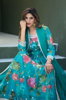 Teal Floral Embroidered Silk Anarkali Gown