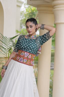Ghagra Choli for Navratri | White Green Bandhej Lehenga with Gamthi Top
