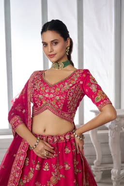 Rani Pink Silk Jacquard Zari Bridal Wedding Lehenga