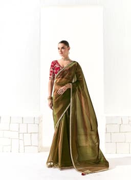 Olive Green Organza Tissue Party Wear Saree