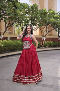 Maroon Rayon Mukesh Lehenga with Gamthi Mirror Blouse