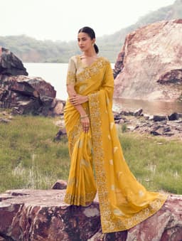 Mustard Yellow Haldi Wear Saree with Khatli Work