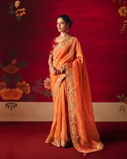 Peach Orange Designer Embroidered Saree