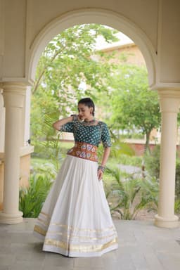 Ghagra Choli for Navratri | White Green Bandhej Lehenga with Gamthi Top