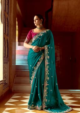 Teal Blue Reception Party Designer Saree