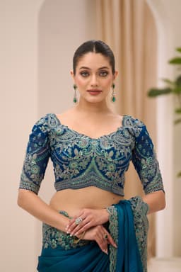 Luxury Teal Blue Party Wear Satin Chiffon Saree