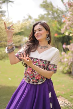 Purple Ivory Lotus Lehenga with Kutchi Gamthi Top