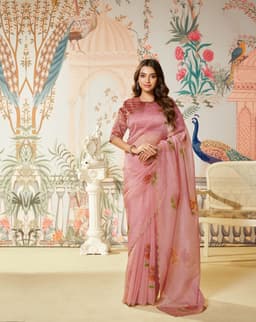 Dusty Rose Swarovski Satin Organza Silk Designer Saree