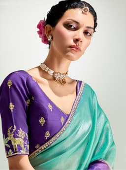 Purple Sea Green Organza Saree for Party Wear